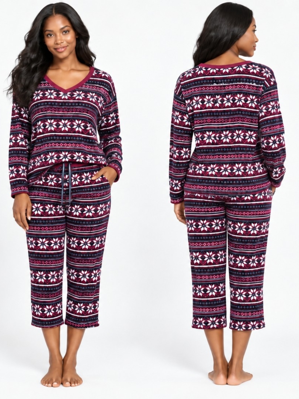 Nautica Women’s Small Fair Isle Fleece Pajama Set Capri Pants 2 Piece